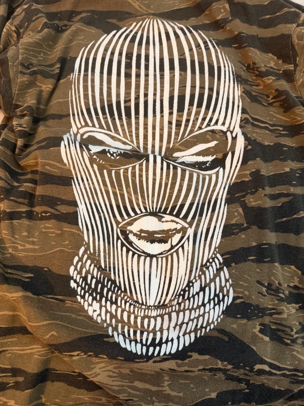 Men's Long Sleeve Graphic Tee - Brown Camo with White Badwood ski mask logo
